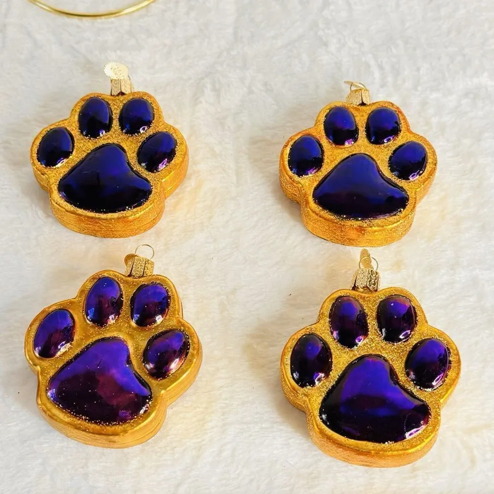 2 Old World Christmas Ornament Paw Print Purple Gold